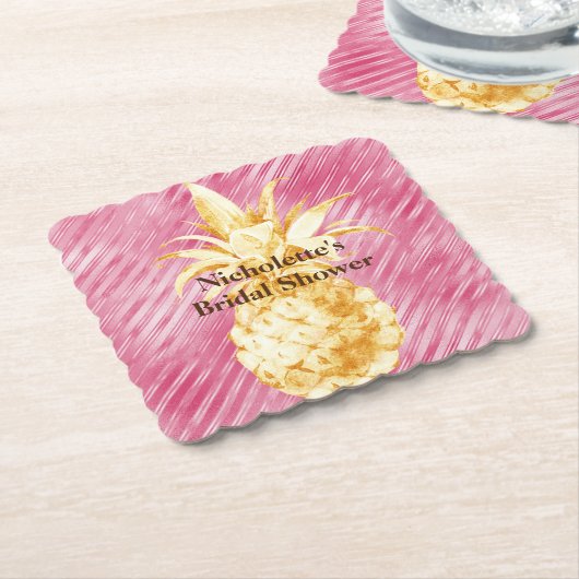 ピンクの輝きのあるストライプ ゴールドトロピカルパイナップル ペーパーコースター (アングル)