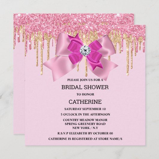 ピンクの輝きの金ゴールドの弓のきらめく灯  招待状 (正面/裏面)