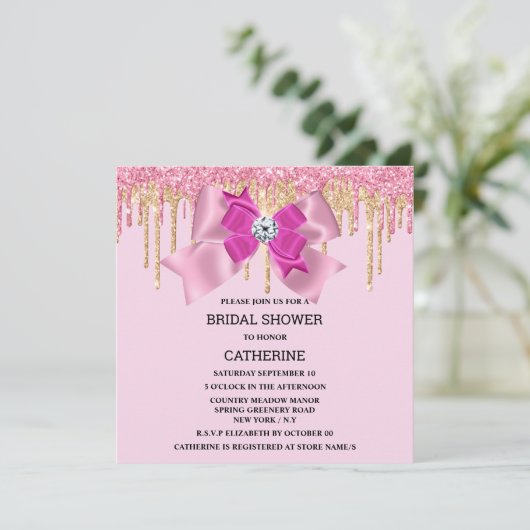 ピンクの輝きの金ゴールドの弓のきらめく灯  招待状 (スタンド正面)