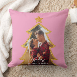 ピンクの輝くクリスマスツリーのオーダーメイドフォト クッション