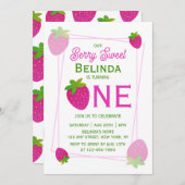 ピンクの輝くグリッター Y2K イチゴ 1歳の誕生日 招待状 (正面/裏面)