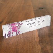 ピンクの輝くメタリックフラワー シルバー デスクネームプレート (側面)