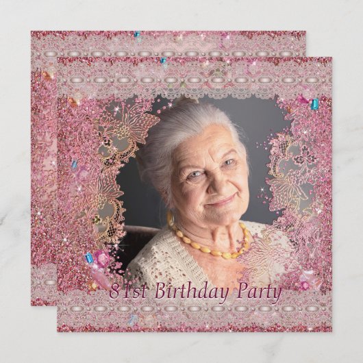 ピンクの輝く女性ピンク写真81st誕生日パーティー 招待状 (正面/裏面)