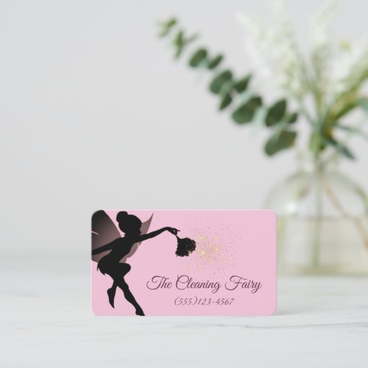 ピンクの輝く妖精のメイドハウスクリーニングサービス 名刺 (スタンド正面)
