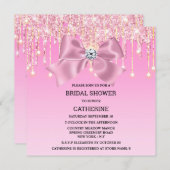 ピンクの輝く弓きらめくエレガント灯 招待状 (正面/裏面)