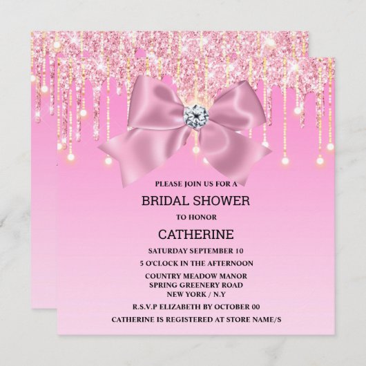 ピンクの輝く弓きらめくエレガント灯 招待状 (正面/裏面)