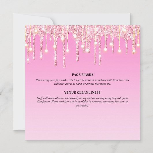 ピンクの輝く弓きらめくエレガント灯 招待状 (裏面)