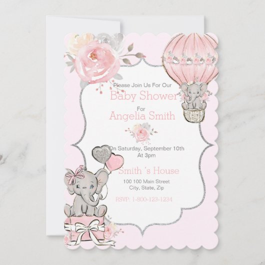 ピンクの輝く象の赤ちゃんシャワーフラットカード カード (正面)