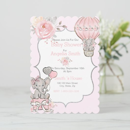 ピンクの輝く象の赤ちゃんシャワーフラットカード カード (スタンド正面)