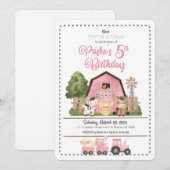 ピンクの農場の動物の誕生日招待状 招待状 (正面/裏面)