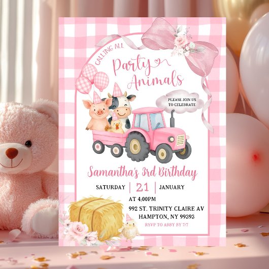 ピンクの農場 パーティー好きな動物たち 女の子の誕生日 招待状