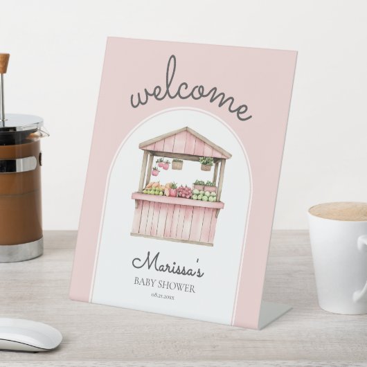 ピンクの農家マーケットベビーシャワーへようこそ 台座サイン (インサイチュ)