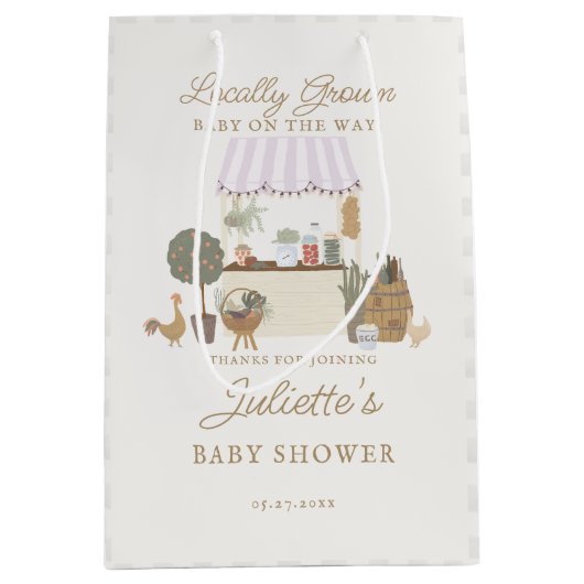 ピンクの農家市場ローカル成長ベビーシャワーの好意 ミディアムペーパーバッグ (正面)