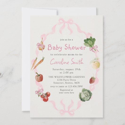 ピンクの農家市場野菜ベビーシャワー 招待状 (正面)