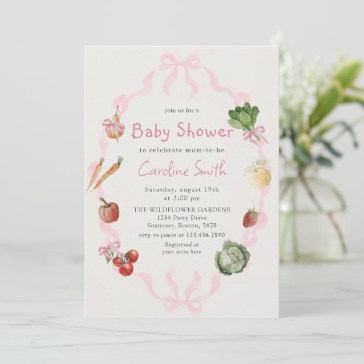 ピンクの農家市場野菜ベビーシャワー 招待状 (スタンド正面)
