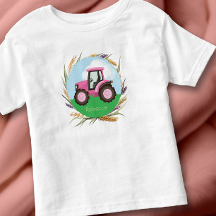 ピンクの農業用トラクターの女の子がかわいい オーダーメイド トドラーTシャツ
