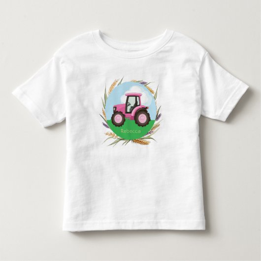 ピンクの農業用トラクターの女の子がかわいい オーダーメイド トドラーTシャツ (正面)