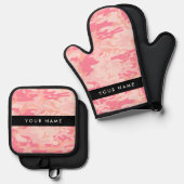 ピンクの迷彩パターン、お名前、パーソナライズ 鍋つかみ&鍋敷きセット (正面/裏面)