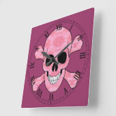 ピンクの迷彩柄のどくろ印のローマ数字の時計 スクエア壁時計 (傾斜)