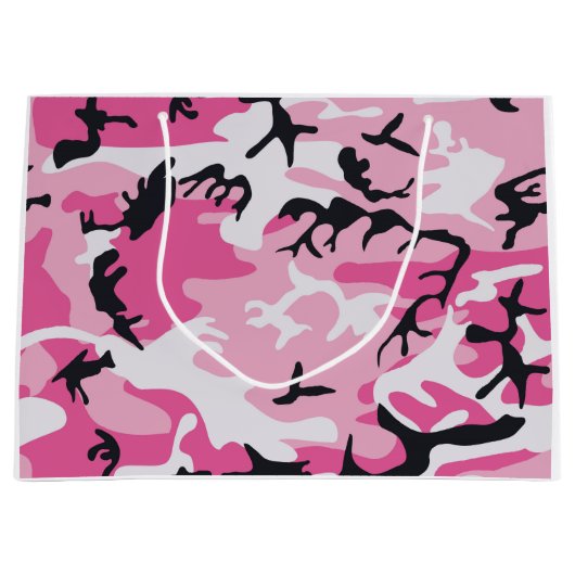 ピンクの迷彩柄のカムフラージュパターン ラージペーパーバッグ (正面)