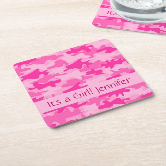 ピンクの迷彩柄のカムフラージュ女の子の名前 スクエアペーパーコースター (アングル)