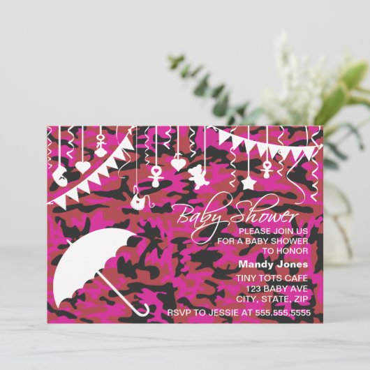 ピンクの迷彩柄の傘のモダンのベビーシャワー招待状 招待状 (スタンド正面)