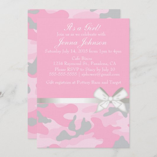 ピンクの迷彩柄の女の赤ちゃんのシャワーの招待状 招待状 (正面/裏面)