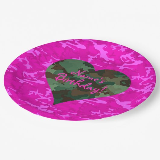 -ピンクの迷彩柄を個人化して下さい ペーパープレート (アングル)