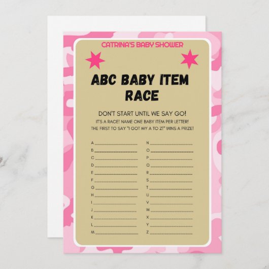 ピンクの迷彩柄ベビーシャワー – 編集可能な名前、5x7招待 招待状 (正面/裏面)