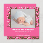 ピンクの迷彩柄ベビー写真誕生のお知らせ 案内状 (正面/裏面)