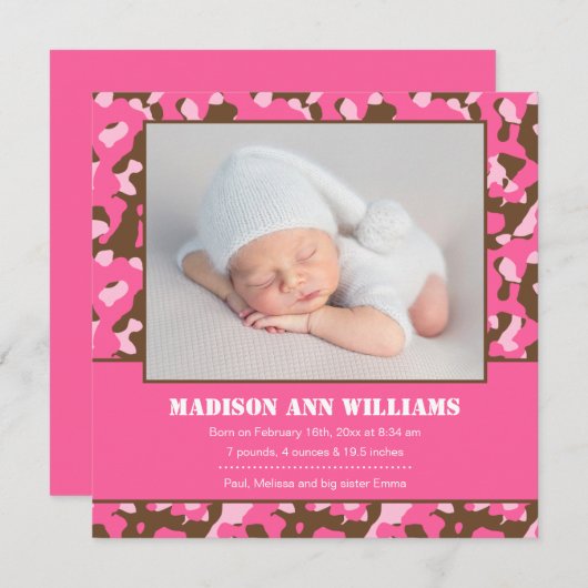 ピンクの迷彩柄ベビー写真誕生のお知らせ 案内状 (正面/裏面)
