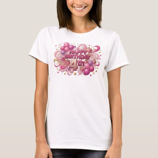 ピンクの遊び心でHAPPY+BIRTHDAY+4THのTシャツ Tシャツ (正面)