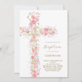 ピンクの野の花が交差する洗礼招待状 招待状 (正面)