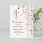 ピンクの野の花とリボンのアーチのコンファメーション 箔招待状 (立ち正面)