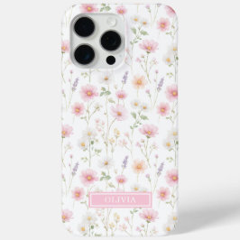 ピンクの野の花のモノグラム入り iPhone 15 PRO MAXケース
