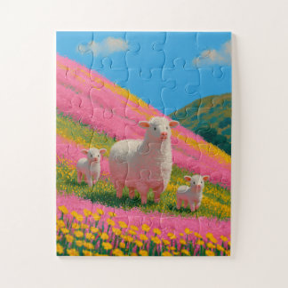 ピンクの野の花の丘のふわふわ羊ファミリー ジグソーパズル