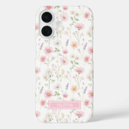 ピンクの野の花の水彩モノグラム iPhone 16ケース