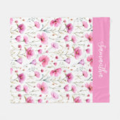 ピンクの野の花の水彩 名前 フリースブランケット (正面(横))