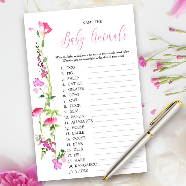 ピンクの野の花の赤ちゃん動物の名前クイズゲーム (Baby Animal Game Cards from my Pink Wildflower Collection. Message me to create co-ordinating items.)