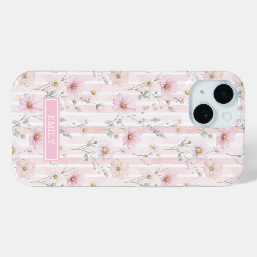 ピンクの野の花ストライプモノグラム入り Case-Mate iPhoneケース (裏面 (横))