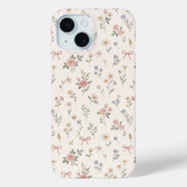 ピンクの野の花バラのリボンパターンのスマホケース iPhone 15ケース