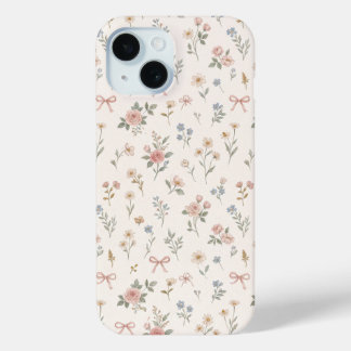 ピンクの野の花バラのリボンパターンのスマホケース iPhone 15ケース
