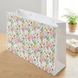 ピンクの野の花 水彩画 ラージペーパーバッグ