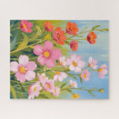 ピンクの野の花 | 水彩花の絵画 ジグソーパズル (横)