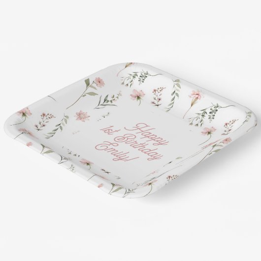 ピンクの野恋しく思花小さな花第1の誕生日 ペーパープレート (傾斜あり)