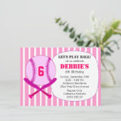ピンクの野球の子どもの誕生パーティー 招待状 (スタンド正面)