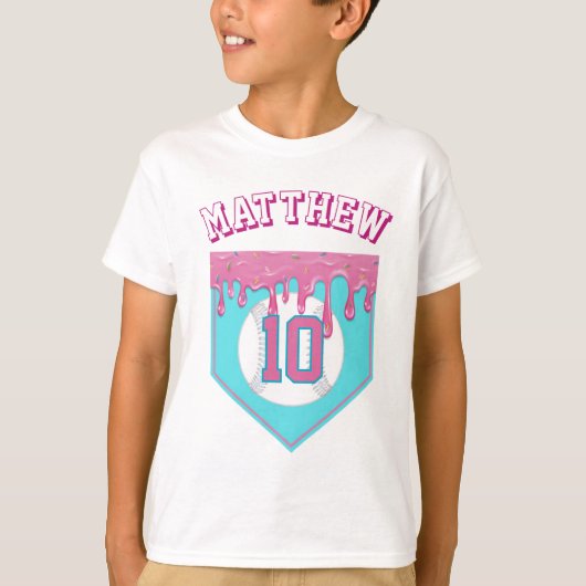ピンクの野球ドリップ Tシャツ (正面)