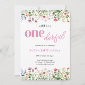 ピンクの野生とオンダーフルのワイルドフラワーの最初の誕生日 招待状 (正面)