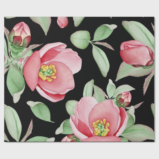 ピンクの野生のばら色の水彩画の花の黒い背景 ラッピングペーパー (フラット)
