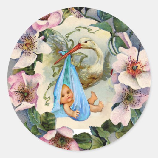 ピンクの野生のバラを持つコウノトリ少年の赤ちゃんシャワークラウン ラウンドシール (正面)